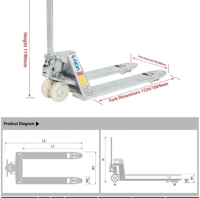 Camion a pallet manuale galvanizzato larghezza forchetta 685 mm certificato ISO 1